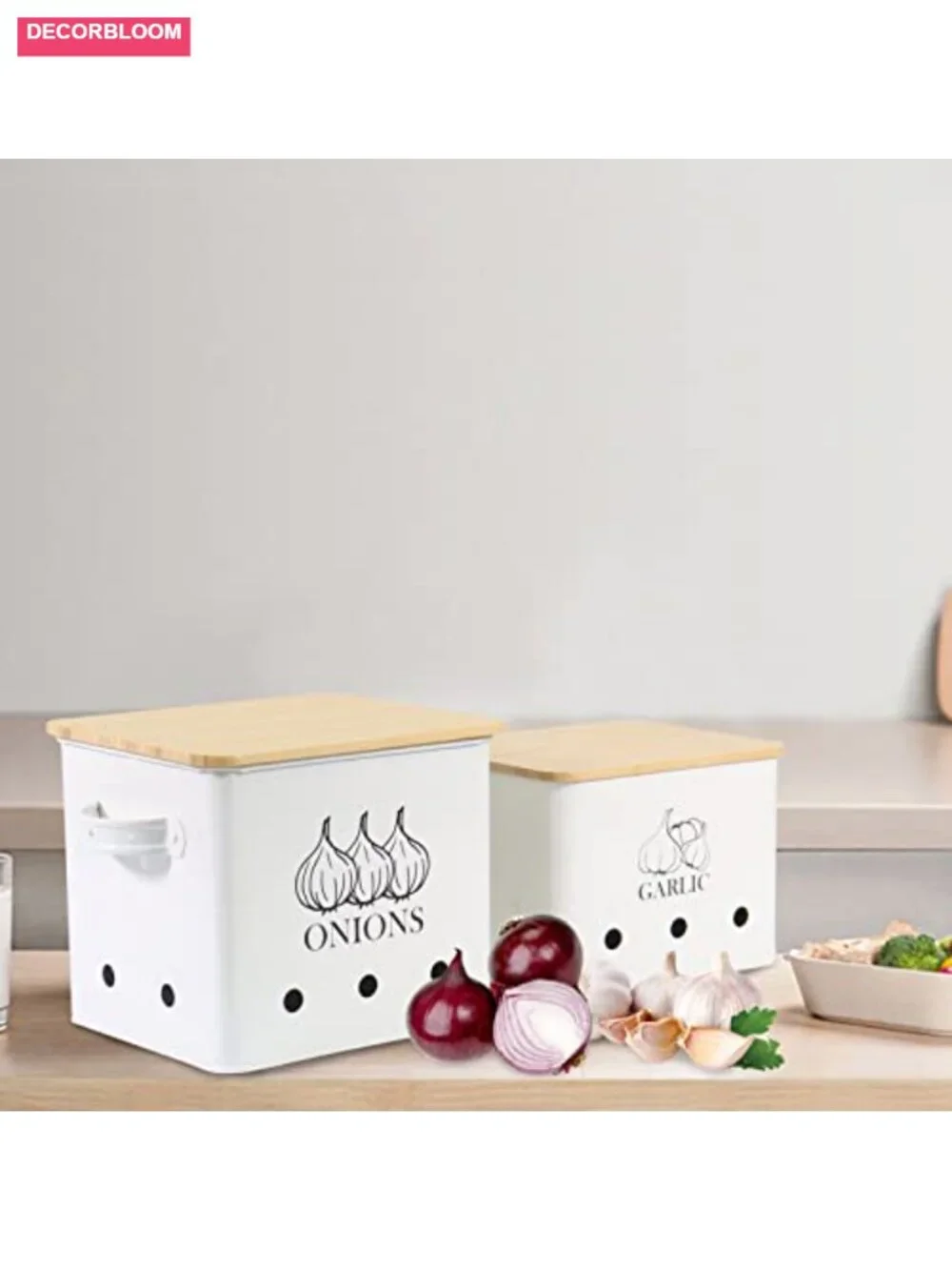 Kitchen Storage Canisters Set of 2, Onion Garlic Vegetable Storage Tins with